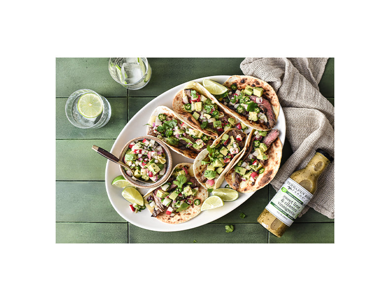 Marinated Skirt Steak Tacos with Radish & Avocado Salsa with Terrapin Ridge Farms Sweet Lime and Cilantro Vinaigrette Marinated Skirt Steak Tacos with Radish & Avocado Salsa with Terrapin Ridge Farms Sweet Lime and Cilantro Vinaigrette